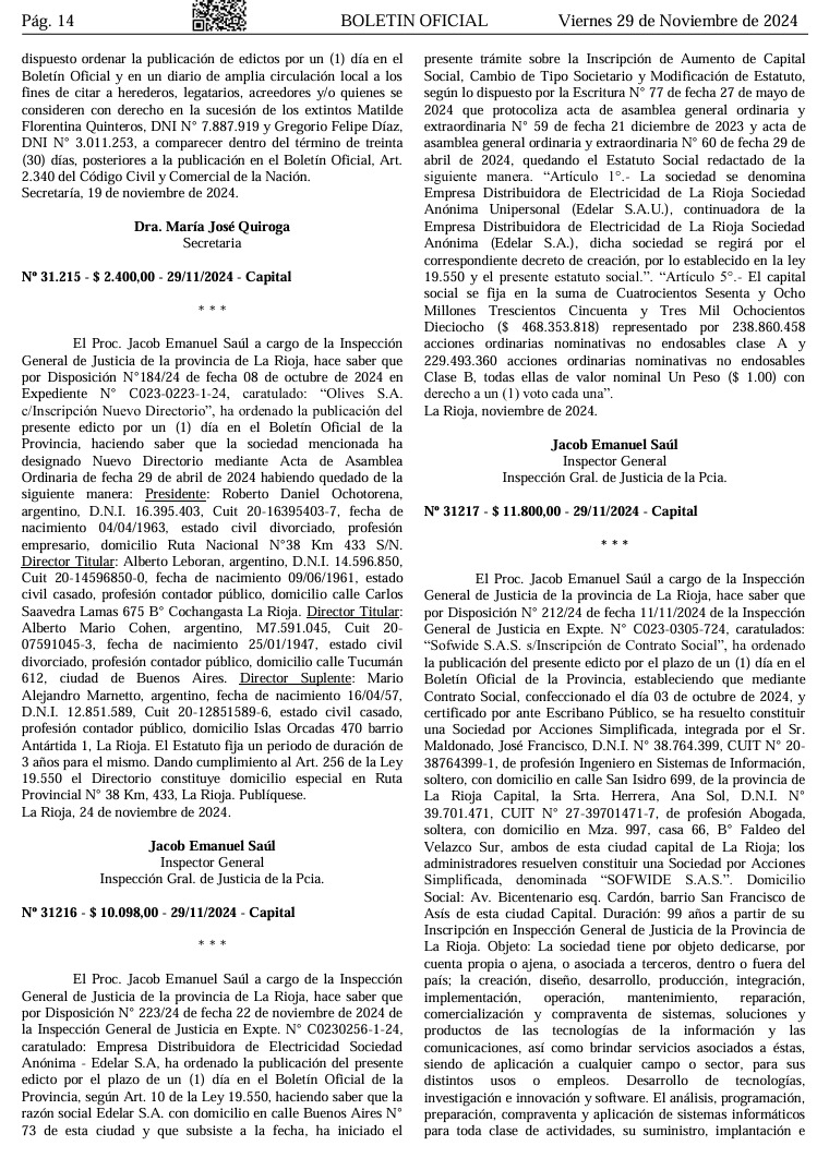 GermanLaRioja's tweet image. 🚨 #Edelar cambia a Edelar S.A.U.
La distribuidora eléctrica de La Rioja se transforma en sociedad unipersonal, aumenta su capital a $468M y actualiza su estatuto. Su sede sigue en Buenos Aires 73. Más detalles en el Boletín Oficial. ⚡ #LaRioja