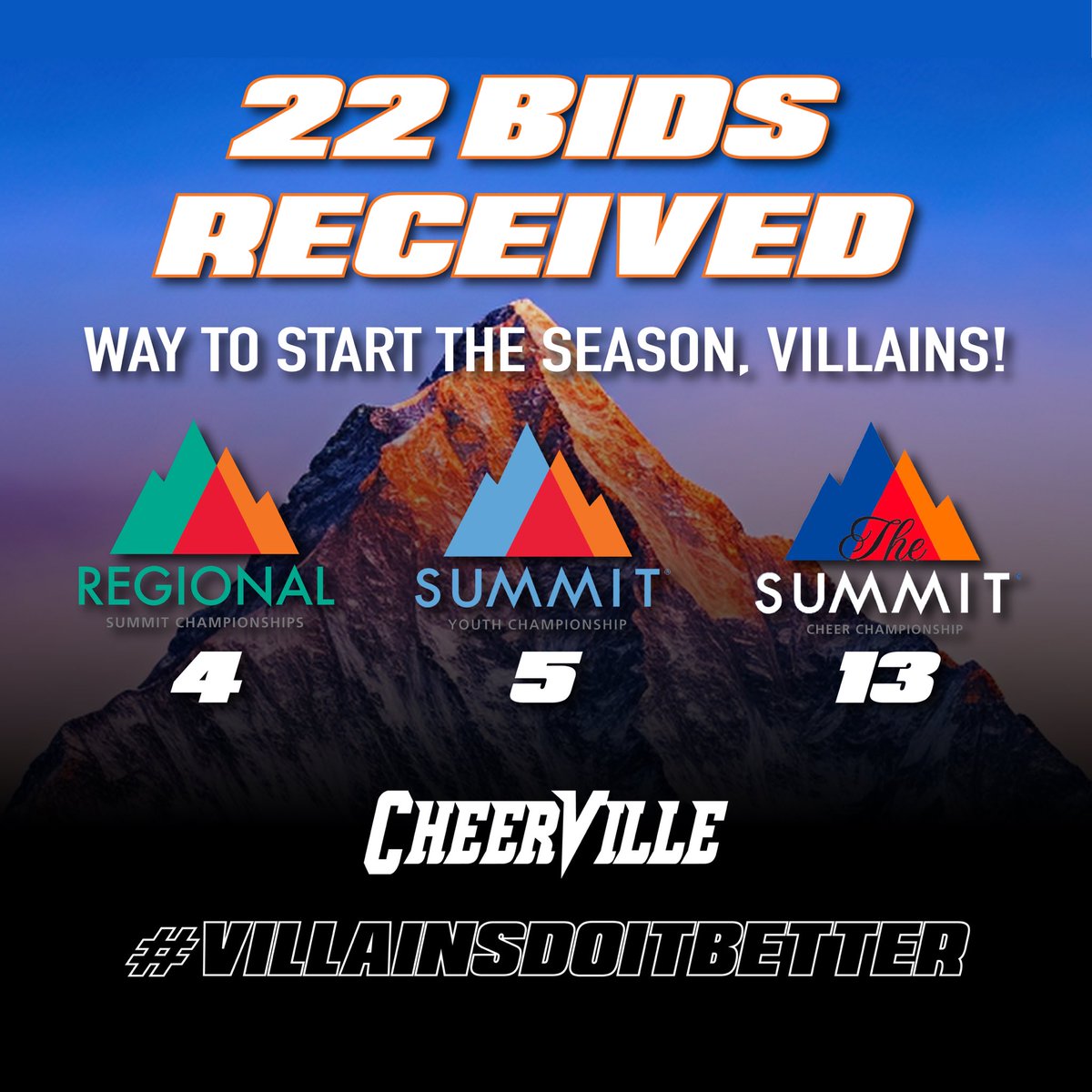 The climb starts now. 🏔️ This past weekend officially commenced the CheerVille competition season. Between our 7 locations, we tackled 3 different events, and received a total of 2️⃣2️⃣ bids to post-season events!

One Mission, One Family 💙💚 #VillainsDoItBetter