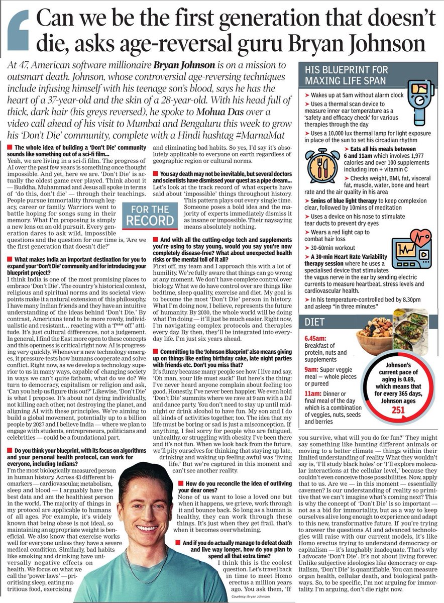 Mohua Das (@mohuadazz) on Twitter photo A chat with the fascinating techie-turned-age reversal guru <a href="/bryan_johnson/">Bryan Johnson</a> who’s on a mission to “defeat death” with his intriguing ‘Blueprint’ to slow ageing and a ‘Don’t Die’ community that he’s now bringing to India with the hashtag #MarnaMat A chat with the fascinating techie-turned-age reversal guru <a href="/bryan_johnson/">Bryan Johnson</a> who’s on a mission to “defeat death” with his intriguing ‘Blueprint’ to slow ageing and a ‘Don’t Die’ community that he’s now bringing to India with the hashtag #MarnaMat