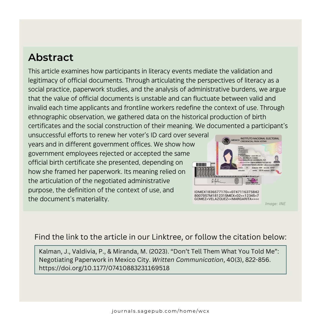 WrittenCommun's tweet photo. We are thrilled to announce the winner of our 2023-2024 Best Article award: 
“‘Don’t Tell Them What You Told Me’: Negotiating Paperwork in Mexico City,” written by Judith Kalman (@DIGITALpuntoED, researcher w/ @cinvestav), Patricia Valdivia (@Clau_Patty5), and Marino Miranda. https://t.co/tyGBoSsX7C