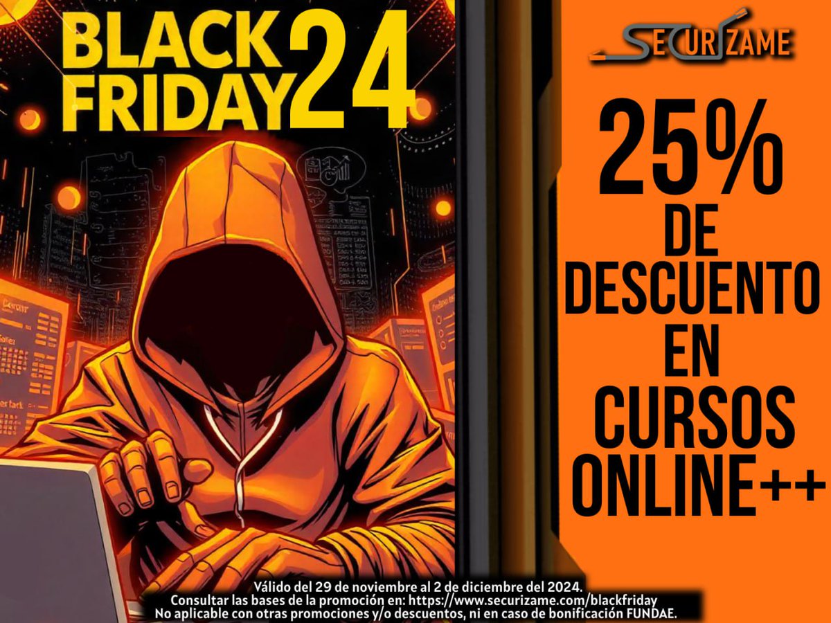 #Securizame #BlackFriday #Formacion

Nuestros amigos de Securizame vuelven otro año más con sus ofertas de Black Friday. Todos los cursos de su web tienen un 25% de descuento para los online++

Info: securizame.com/blackfriday/