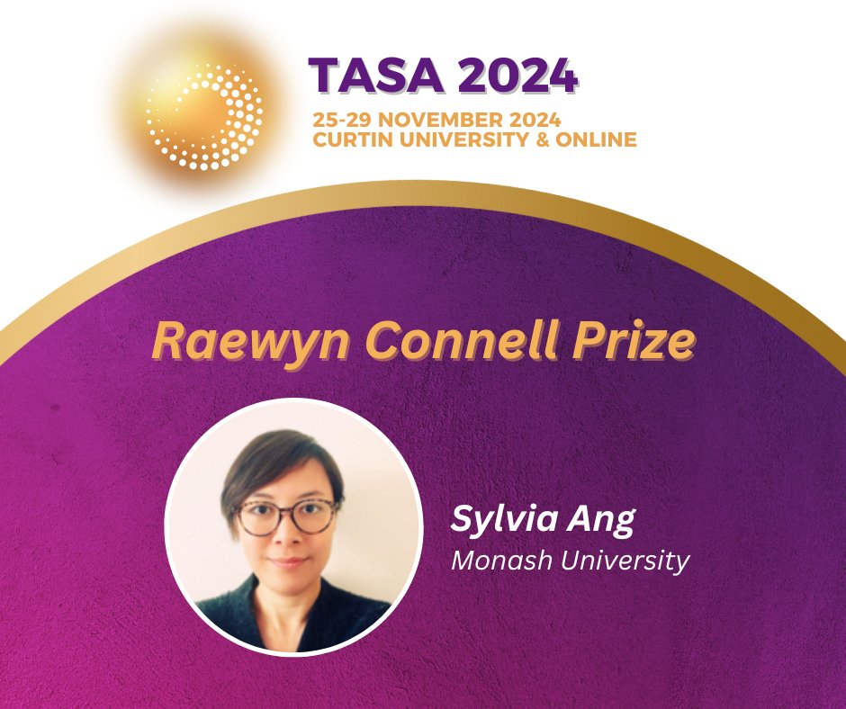 AustSoc's tweet image. We are thrilled to announce Sylvia Ang as the 2024 recipient of TASA&apos;a Raewyn Connell Prize. Congratulations on all of your amazing contributions to sociology.
#TASA2024