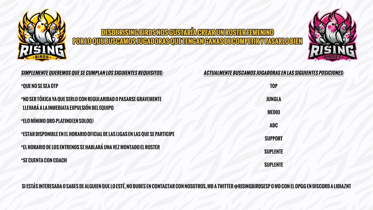 🚨ANUNCIO IMPORTANTE🚨
Buscamos chicas para roster femenino, se agradece toda la difusión posible 🐣#GoRGB