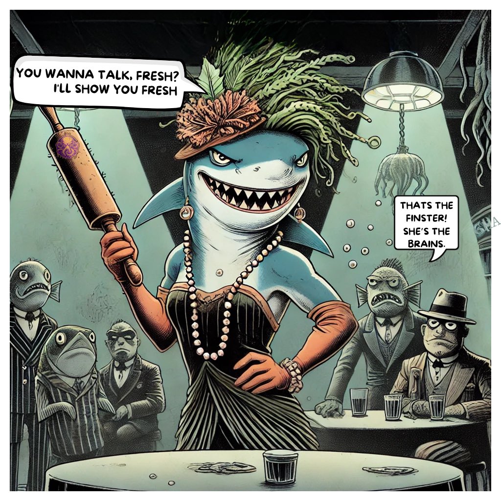 Guppyinchief's tweet photo. @Fayala_brash @FinTheSharkXRPL You wanna talk fresh? I’ll show you fresh!
The Finster isnt a mob boss shes a legend. Rolling pin in hand, pearls gleaming and swagger sharp enough to cut through kelp. The Guppy Mob knows: when she speaks, the ocean listens.
#TheFinster #FlapperFury #FreshAndDeadly #GrittyComics https://t.co/y3t9WY4v1N