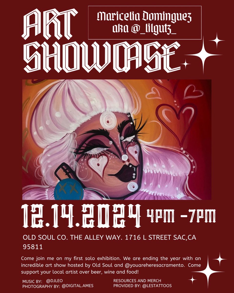🎨✨ Exciting News! Join us for an incredible Art Showcase by Maricela Dominguez, aka @_lilgutz_! 

📅 Date: December 14, 2024 
🕒 Time: 4 PM - 7 PM 
📍 Location: Old Soul Co. The Alley Way, 1716 L Street, Sacramento, CA 95811