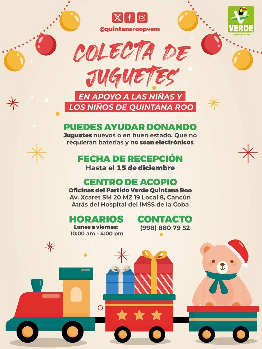 🎄✨ ¡Familia Verde! Llevemos sonrisas esta Navidad.

💚 Dona un juguete antes del 15 de diciembre y regala felicidad a los más pequeños. 🎁❤️