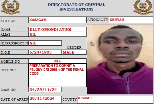 DCI_Kenya's tweet photo. Three criminals who have been waylaying members of the public and robbing them valuables along Kisumu - Nairobi road near CFAO center have been arrested by undercover officers drawn from Kasagam Police Station.

Oblivious of a sting operation to end their reign of terror, the trio who were part of a five-man gang pounced on the officers using an array of crude weapons, too late to realize they had carried the wrong weapons in a battle of guns. 

Outsmarted, three of the five obeyed orders to surrender, dropping their weapons as the other two scooted off like terrified warthogs. The latter, having been identified, are being hotly pursued amidst calls to surrender at the Kasagam station.

The arrested, Elly Omondi Oyugi, 22 and Isaac Ochieng, 22 have been placed in custody pending arraignment while Wesley John Oyugi, 27, is in hospital undergoing treatment.