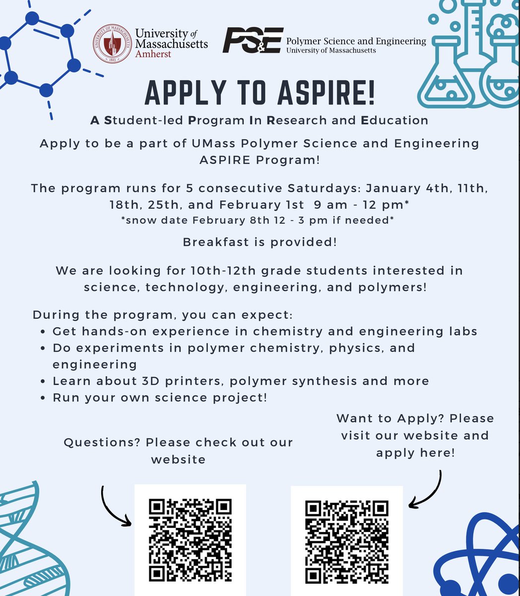 Jim Gorman (@mrgorman1) on Twitter photo 🧪 High school students: Join ASPIRE <a href="/UMassAmherst/">UMass Amherst</a> for FREE hands-on lab experiments in polymer science! Work with grad students, use real equipment & explore STEM careers. 5 Saturdays starting Jan 4. Apply by Dec 8: forms.gle/oL3rqMXw4hhJ1x… #STEM #ScienceOutreach 🧪 High school students: Join ASPIRE <a href="/UMassAmherst/">UMass Amherst</a> for FREE hands-on lab experiments in polymer science! Work with grad students, use real equipment & explore STEM careers. 5 Saturdays starting Jan 4. Apply by Dec 8: forms.gle/oL3rqMXw4hhJ1x… #STEM #ScienceOutreach