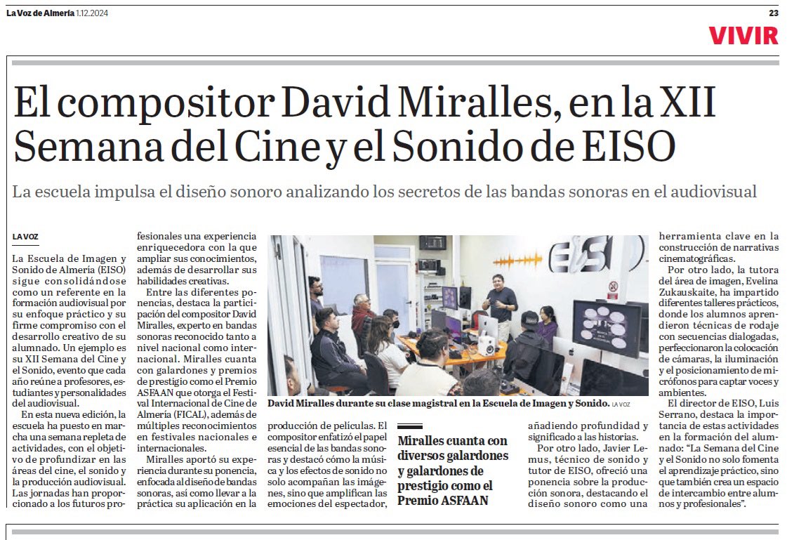 EisoLuis's tweet photo. Hoy con la edición impresa de @lavozdealmeria todo lo que necesitas saber sobre la XII Semana del Sonido. Gracias @evaristomr por dar a conocer la cultura audiovisual de la provincia @almeriaciudad @culturalmeria @culturaand #cine #sound #comunicacionaudiovisual https://t.co/pfF4OYmHC2