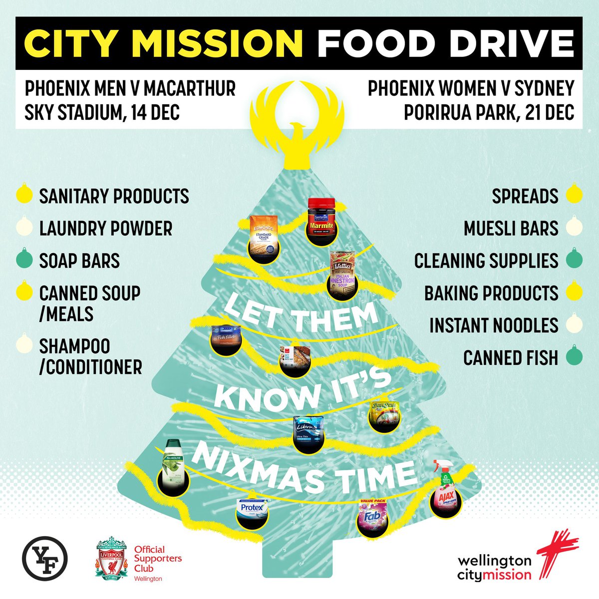 OLSC Wellington (@lfcwellington) on Twitter photo As below; we’re once again teaming up with our friends at <a href="/YellowFever_NZ/">Yellow Fever Ngā Wana Kōwhai</a> to collect much needed items for The Wellington City Mission this Nixmas time.
Doubling efforts this year, we’ll be collecting at both the <a href="/WgtnPhoenixFC/">Wellington Phoenix 🔥</a> Men’s and Women’s games! As below; we’re once again teaming up with our friends at <a href="/YellowFever_NZ/">Yellow Fever Ngā Wana Kōwhai</a> to collect much needed items for The Wellington City Mission this Nixmas time.
Doubling efforts this year, we’ll be collecting at both the <a href="/WgtnPhoenixFC/">Wellington Phoenix 🔥</a> Men’s and Women’s games!