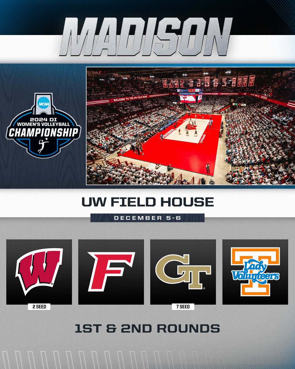 NCAA Women's Volleyball (@ncaavolleyball) on Twitter photo ๐๐ฌ๐ญ & ๐๐ง๐ ๐๐จ๐ฎ๐ง๐๐ฌ
๐ Madison, WI
๐
Dec. 5-6
(2) <a href="/BadgerVB/">Wisconsin Volleyball</a>
๐
<a href="/StagsVB/">Fairfield Volleyball</a>
<a href="/Vol_VBall/">Tennessee Volleyball</a>
๐
(7) <a href="/GTVolleyball/">Georgia Tech Volleyball</a>
#NCAAWVB ๐๐ฌ๐ญ & ๐๐ง๐ ๐๐จ๐ฎ๐ง๐๐ฌ
๐ Madison, WI
๐
Dec. 5-6
(2) <a href="/BadgerVB/">Wisconsin Volleyball</a>
๐
<a href="/StagsVB/">Fairfield Volleyball</a>
<a href="/Vol_VBall/">Tennessee Volleyball</a>
๐
(7) <a href="/GTVolleyball/">Georgia Tech Volleyball</a>
#NCAAWVB