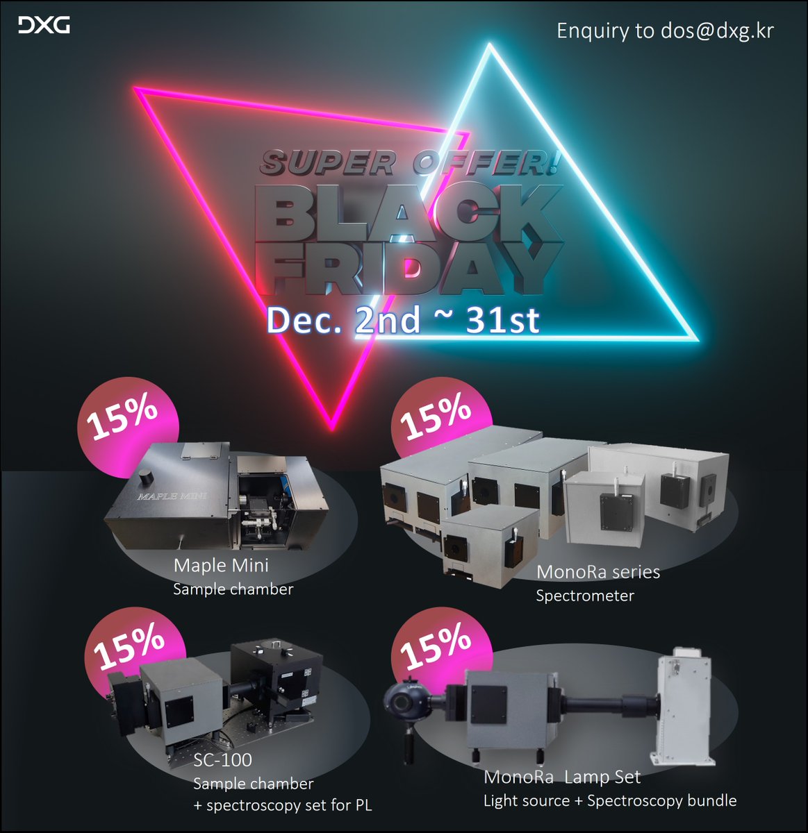 DXG_Ltd's tweet photo. In recognition of Black Friday cross the world, we offer a great deal for those who’re looking to the best instrument in their laboratory.

Don’t hesitate to give your any types of inquiries via dos@dxg.kr now.

#dxg #spectroscopy #SPECTRUM #monochromator #BlackFriday #Optical https://t.co/M5qJHhk0eG