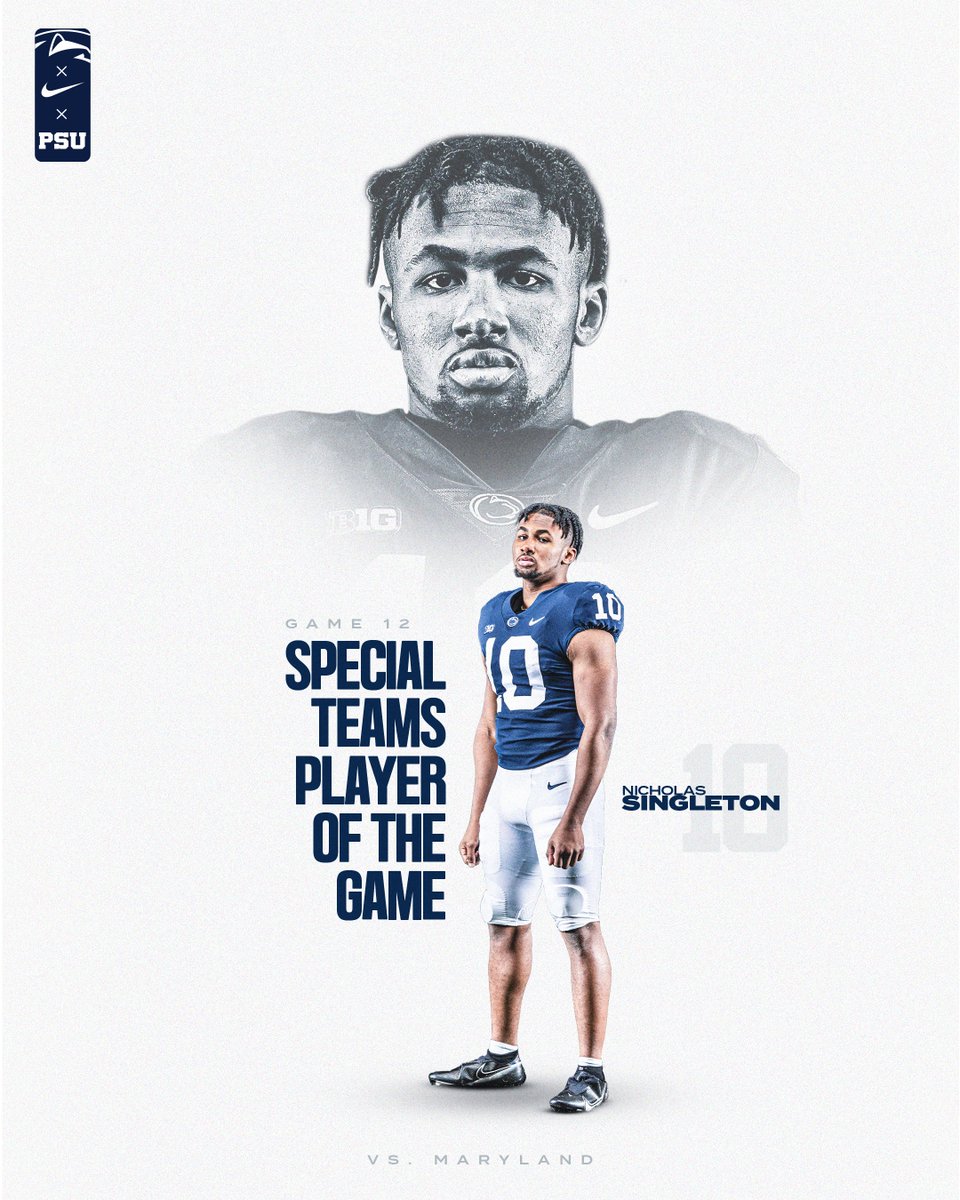 Penn State Football (@pennstatefball) on Twitter photo Game 12 — Players of the Game
vs. Maryland
O: <a href="/NickSingletonn/">Nicholas Singleton</a> + #TylerWarren
D: <a href="/1NCRDB1/">Abdul Carter</a>
ST: <a href="/NickSingletonn/">Nicholas Singleton</a>
#WeAre Game 12 — Players of the Game
vs. Maryland
O: <a href="/NickSingletonn/">Nicholas Singleton</a> + #TylerWarren
D: <a href="/1NCRDB1/">Abdul Carter</a>
ST: <a href="/NickSingletonn/">Nicholas Singleton</a>
#WeAre