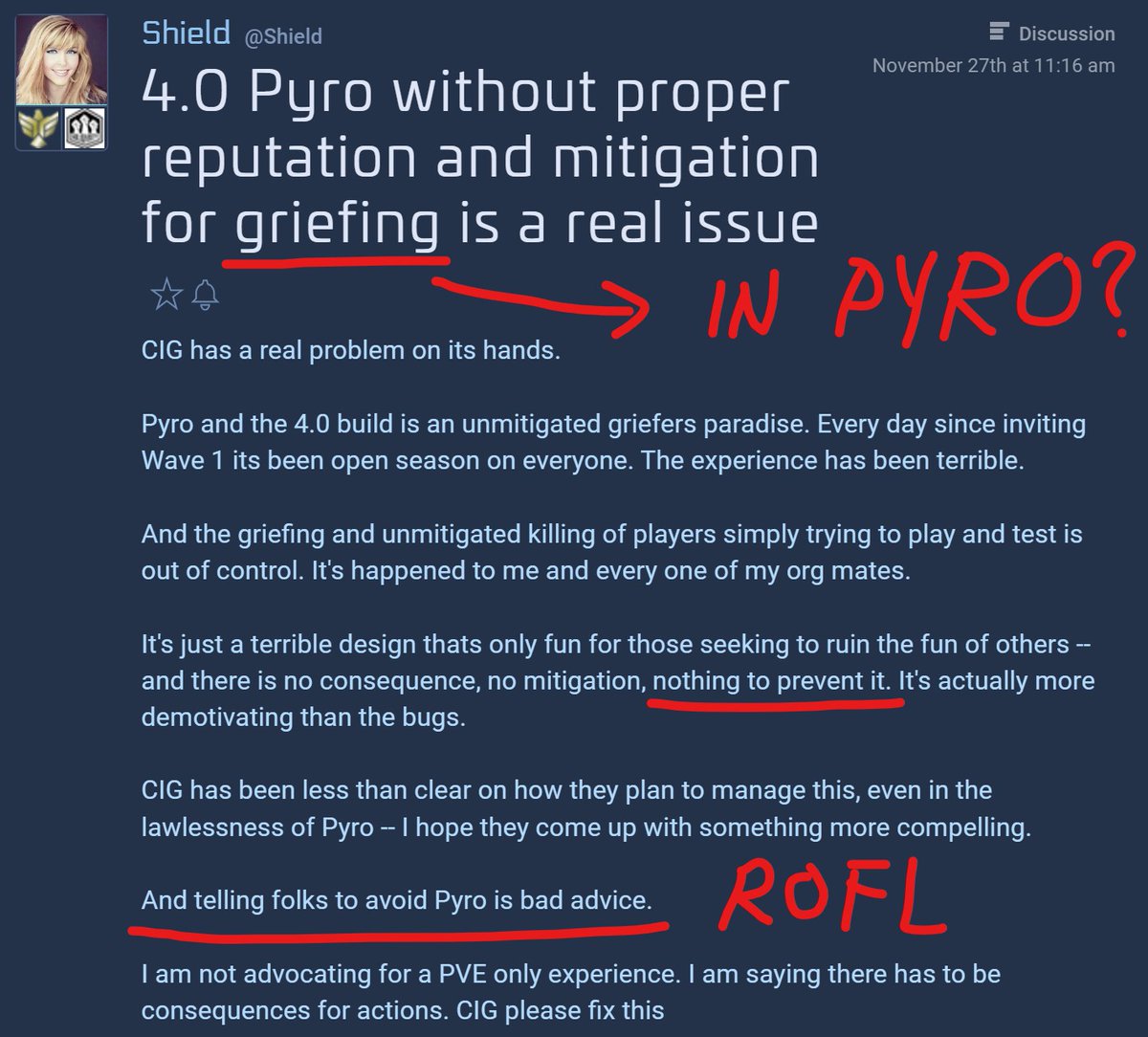 greasykhaleesii's tweet photo. Wow, too much PVP in Pyro... plz CIG, do SOMETHING about this!!1 ROFL 

They want criminals to be punished... 
            by the LAW (in a lawless land...) ROFL
                     🤡🍼👶🤰 #StarCitizen https://t.co/MHrcD1iVUj