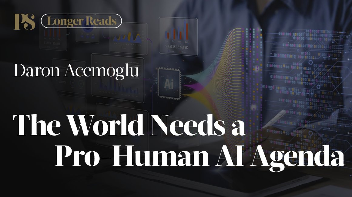 ProSyn's tweet photo. AI is on the wrong track, Daron Acemoglu warns. But it is still possible to steer it toward applications that complement workers, protect our data and privacy, improve our information ecosystem, and strengthen democracy. Read the commentary for free now. https://t.co/oDgtQRnipV https://t.co/iPY28RnKvs