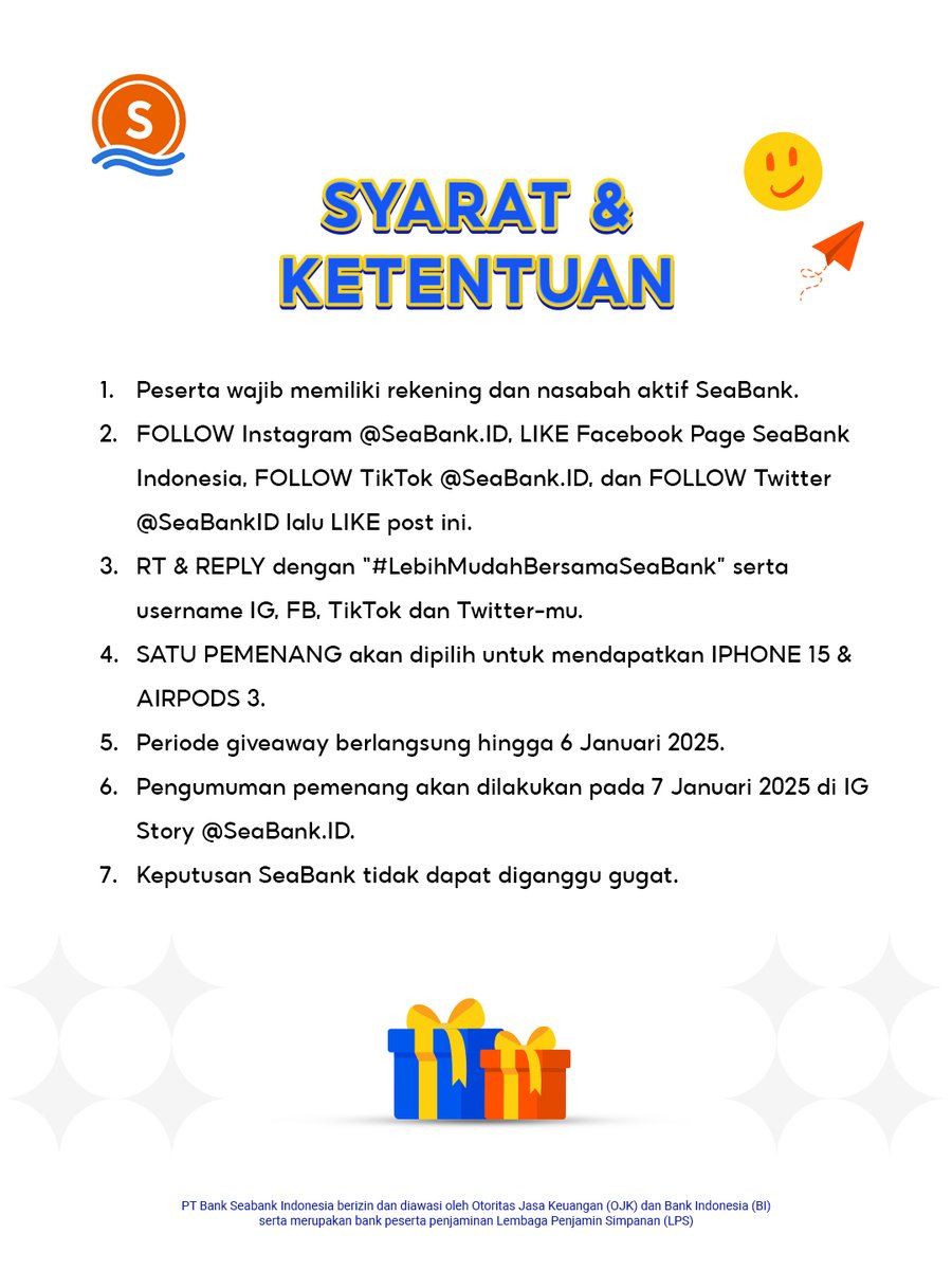 HADIAH BARU: IPHONE 15 &amp; AIRPODS 3RD GENERATION! 🥳
#LebihMudahBersamaSeaBank

Caranya cuma:
1. FOLLOW SEMUA media sosial SeaBank
2. LIKE &amp; RT Tweet ini
3. REPLY "LEBIH MUDAH BERSAMA SEABANK" serta semua username media sosial kamu
4. TAG TEMAN KAMU

CEK di slide ke 2! 🫰