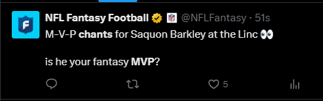 ggfoos's tweet photo. Can't blame the @NFLFantasy admin for getting confused, those were some loud ass Saquon Barkley MVP chants @ M&amp;T Bank Stadium🤣 https://t.co/pzE0mGq4J3