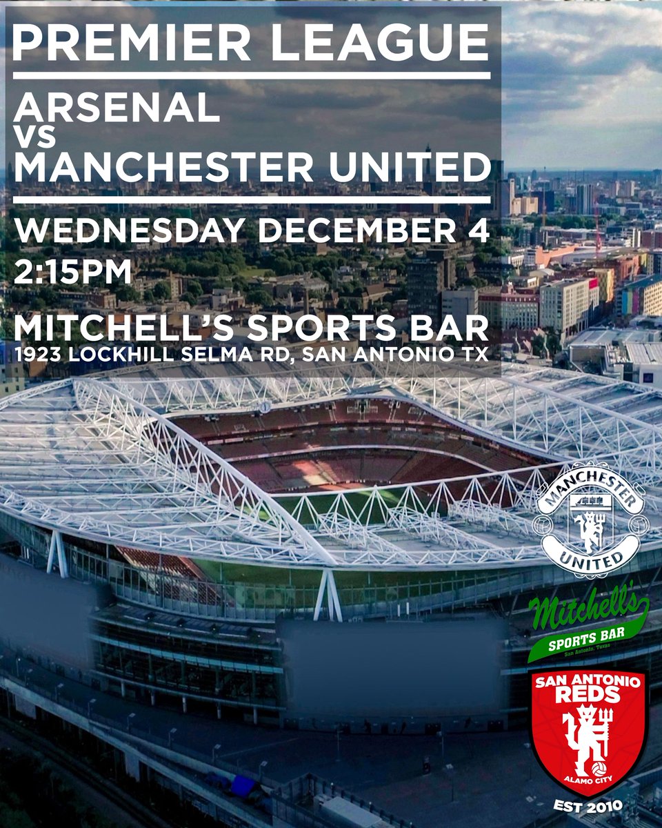 Come join the #SanAntonioReds on Wednesday at #MitchellsSportsBar in #SanAntonio #Texas for the <a href="/ManUtd/">Manchester United</a> match against <a href="/Arsenal/">Arsenal</a> in the #PremierLeague.  Kickoff at 2:15PM 🍻🇾🇪

Event in bio

#MUFC #SanAntonioReds #SAReds #UTFR #ARSMUN