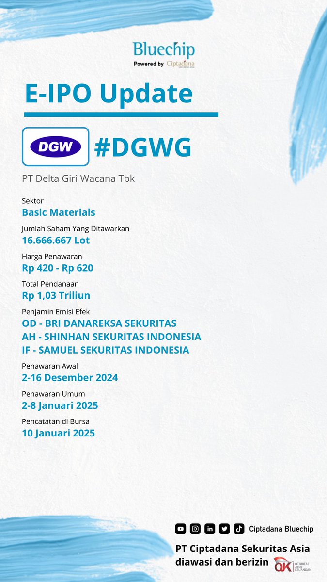 pinepickid's tweet image. ⚠️ IPO Update 
PT Delta Giri Wacana Tbk #DGWG
Informasi umum mengenai emiten dan jadwal IPO dapat Sobat #CiptaCuan lihat pada konten dibawah ini. 

Prospektus perusahaan dan pemesanan IPO dapat mengakses website e-IPO
e-ipo.co.id

#IPO #eIPO #saham #IHSG #investasi