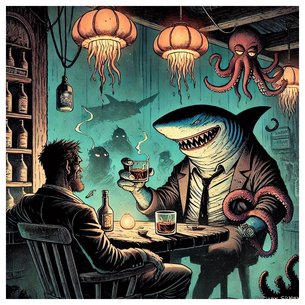 Guppyinchief's tweet photo. The jellyfish lights flicker. The air’s thick with smoke and secrets. Fin’s smile hides a thousand sins and Ted’s tentacles know too much. Who’s watching from the shadows? And why do the drinks taste like betrayal? The Fin ABIDES.
#Fin #GrittyComics #ShadowsAndSmoke #GuppySecrets https://t.co/Ljyo9JbD8W