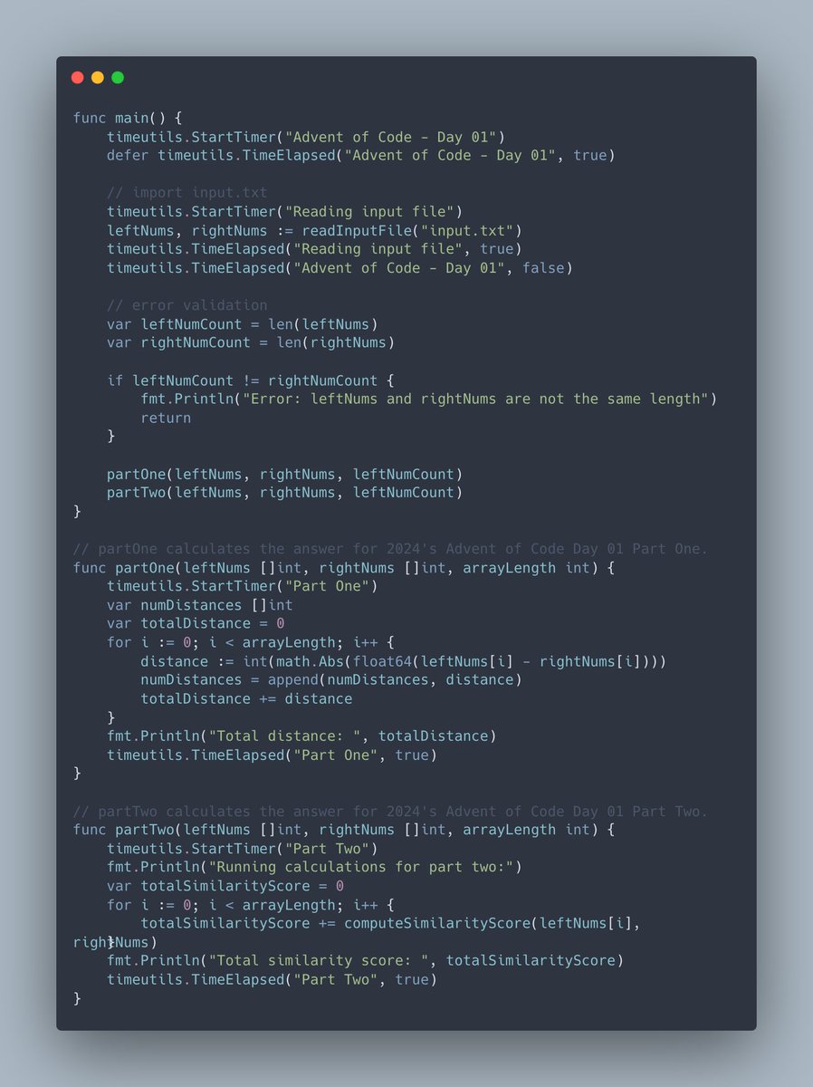 jnchaba's tweet photo. I've completed "Historian Hysteria" - Day 1 - Advent of Code 2024 https://t.co/hFLoJw4oe9 #AdventOfCode 

First time:
- Using #golang for this
- Making my own util package for AOC
- Writing binary search from scratch since college

Binary search go brr.

https://t.co/58rQXVCA4L https://t.co/nHX09YhBdT