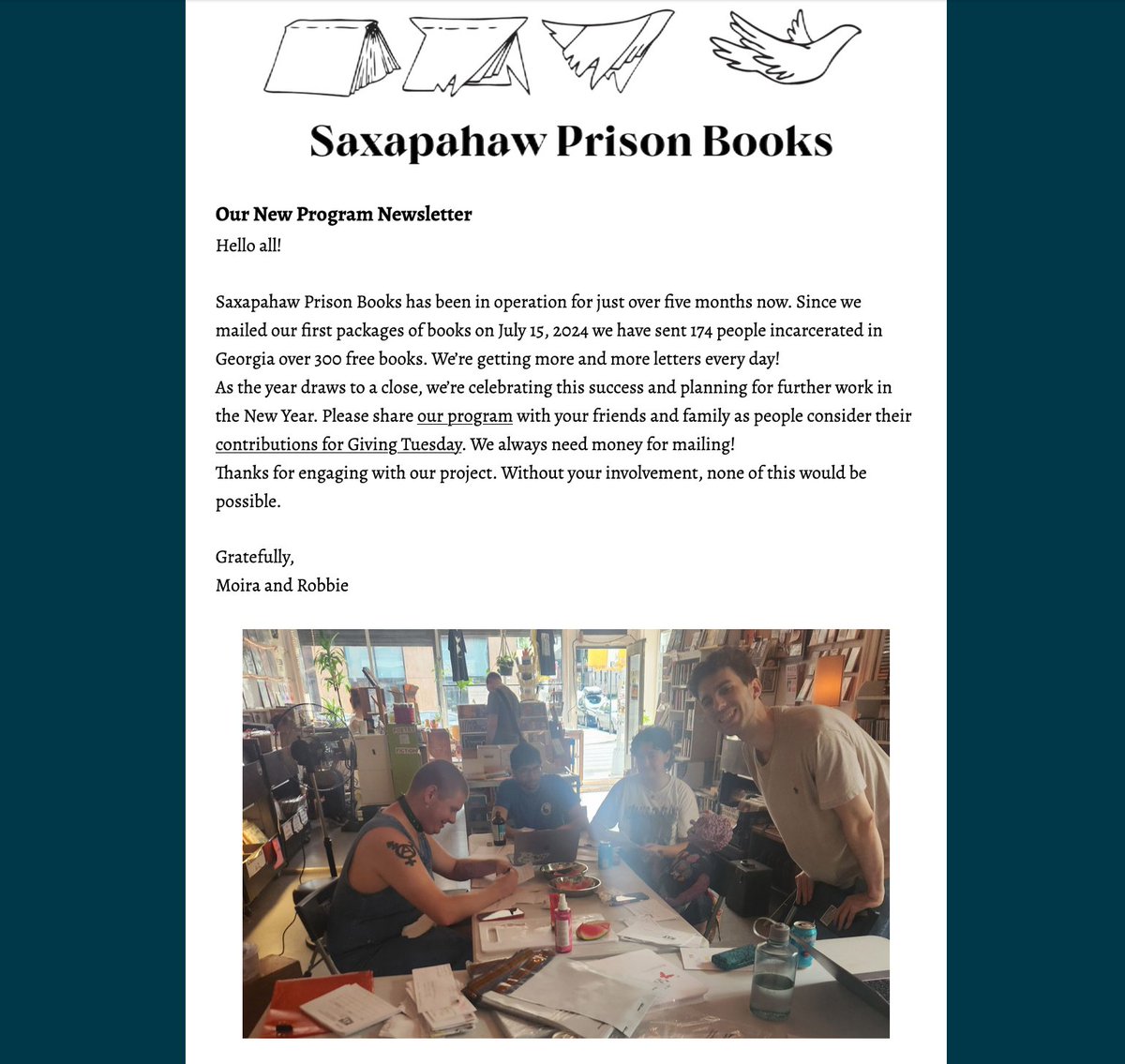 SaxapahawB's tweet image. Sign up for our new newsletter saxapahawprisonbooks.org/contact