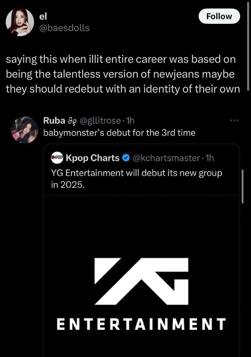 run2chocoji's tweet photo. Saying this when YG has been using the same formula on his groups for the past 2 DECADES like this is actually so embarrassing for a yg stan to say😭😭 https://t.co/gVZb9UNAeZ