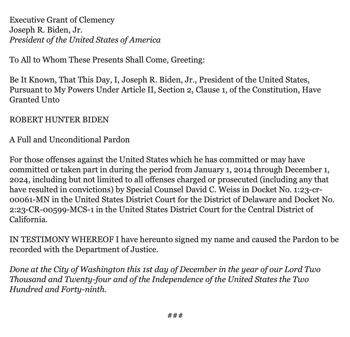 townhallcom's tweet image. President Joe Biden pardons Hunter Biden