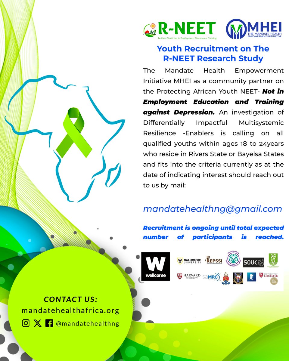 MandateHealthNG's tweet photo. Entries are still on-going. Apply via email: mandatehealthng@gmail.com
Research Study Supported by Wellcome Trust
United for Global Mental Health United Nations
Kindly share with friends & Family.
#MHEIcares #AMHROAcares #AdoptionOperationalizationMHACT2021 #RNEET https://t.co/DbD100lpSt