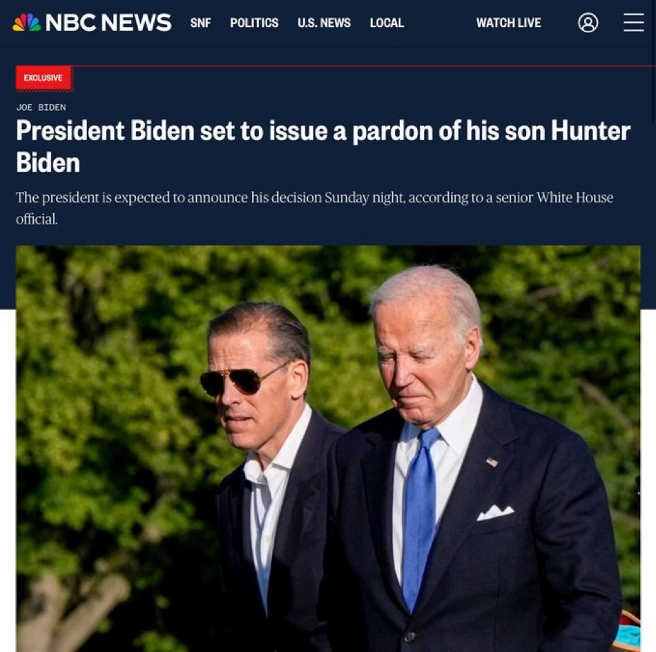 BREAKING: Joe Biden is going to pardon Hunter before he exits the White House.

Remember when they said Trump would do this to himself and his kids.

Classic.