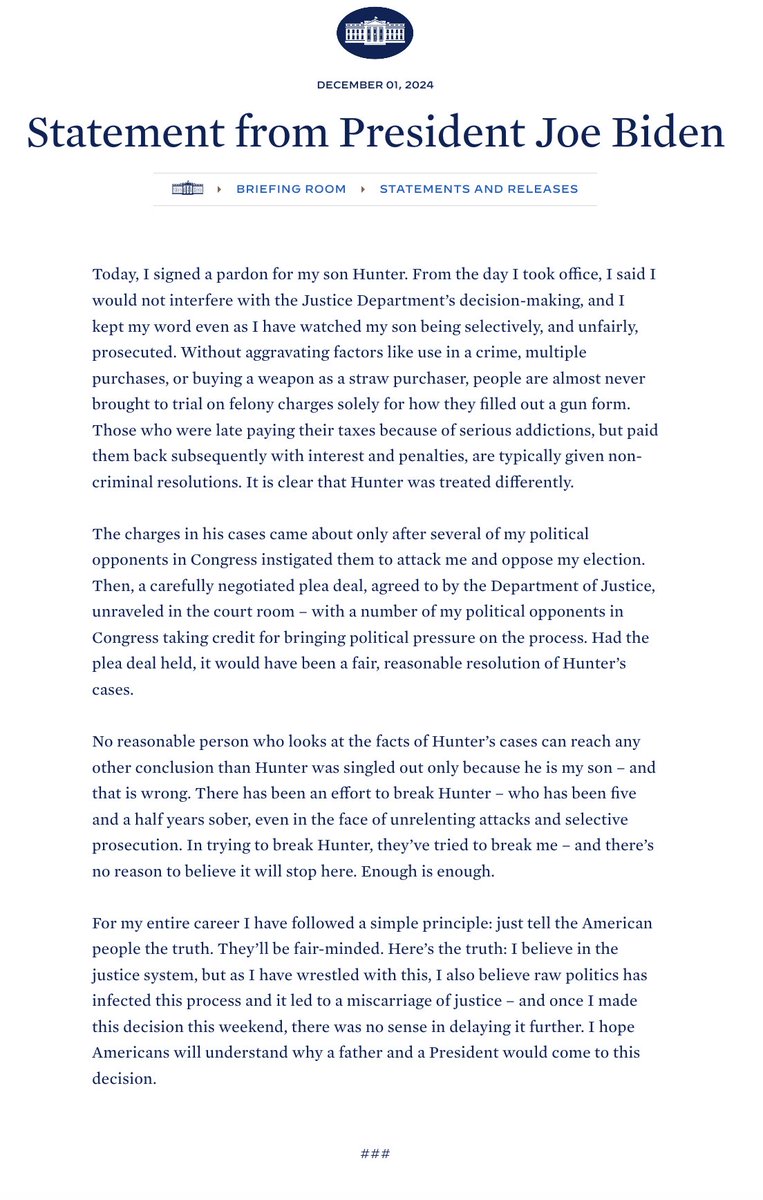 BREAKING: Pres. Biden issues statement on his decision to issue a pardon for son Hunter Biden: "I hope Americans will understand why a father and a President would come to this decision." abcnews.link/sGTs21r