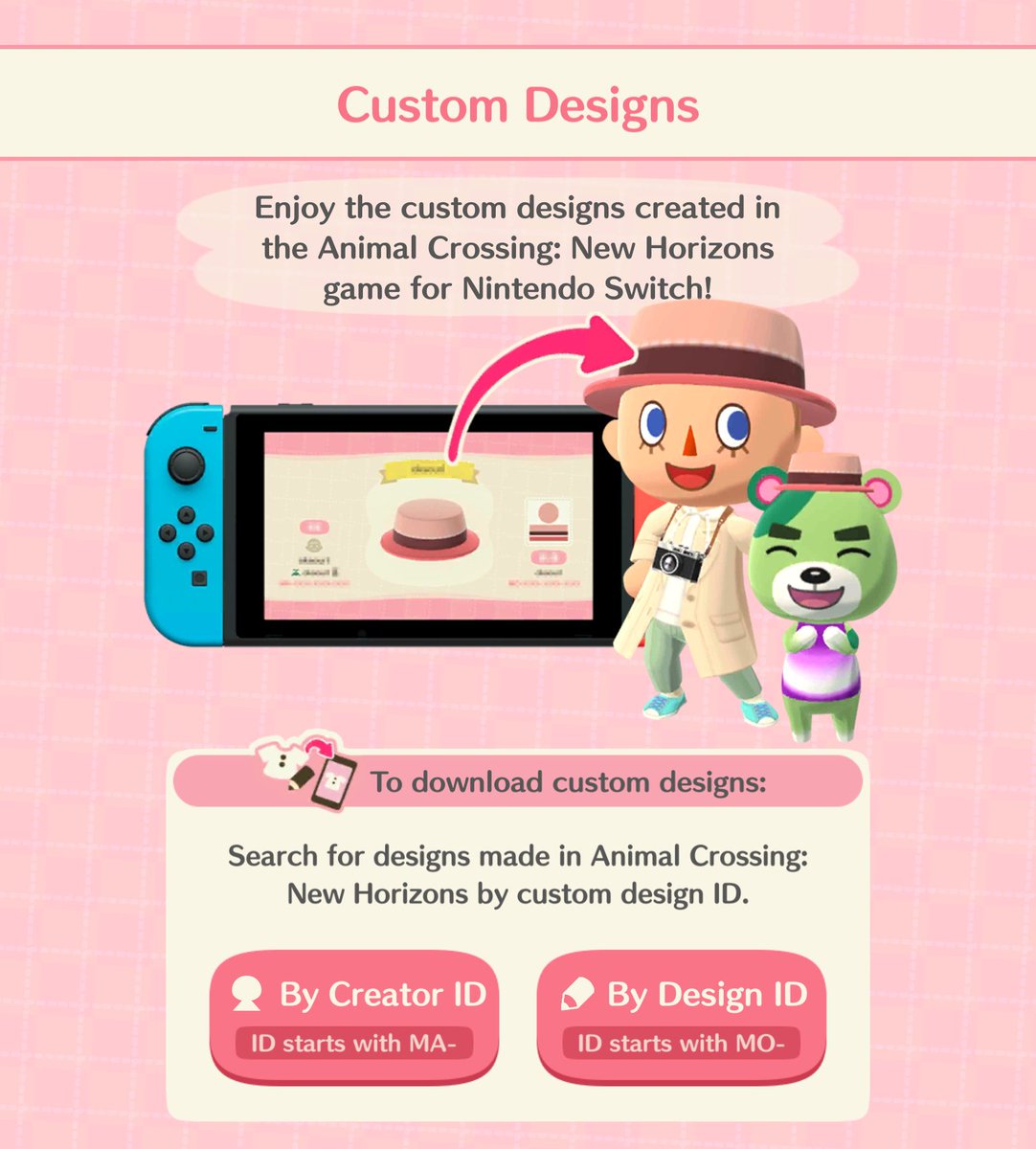 Pocket_Camp's tweet photo. In Animal Crossing: Pocket Camp Complete, you can import custom designs from the Animal Crossing: New Horizons game for the Nintendo Switch system.🎵

They can be applied to clothing, umbrellas, uchiwa fans, handheld flags, face-cutout standees, and paths/flooring.

Get the app here▶️https://t.co/76Zim0eSaK

#PocketCamp