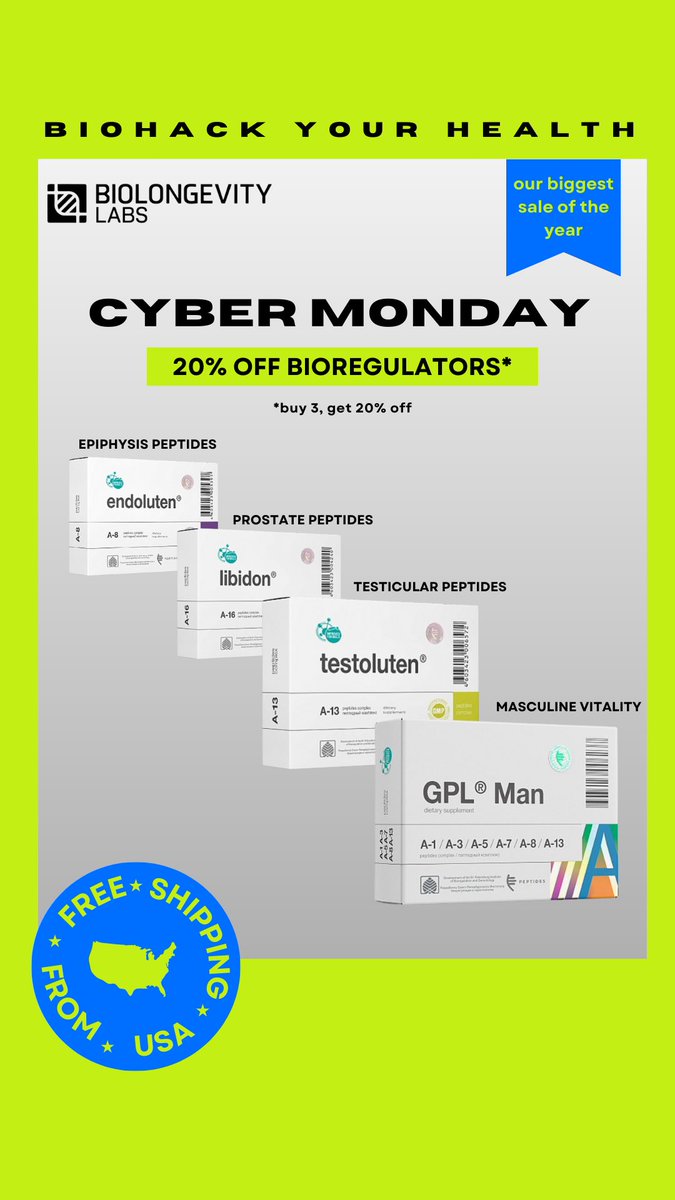 BioLongevityUSA's tweet image. Enjoy Cyber Monday with savings on Supplements, Peptides and Bioregulators!

#biohacking #longevity #healthoptimization #peptidetherapy