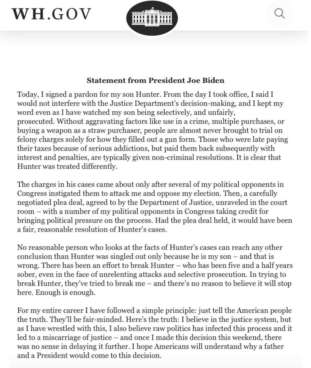Joe Biden just did the thing he told us he would never do, PARDONING his son for crimes he and the majority of the media told us he never committed.  

The Biden Crime Family played the only card they had left, using the power of the pardon before America’s President returns to