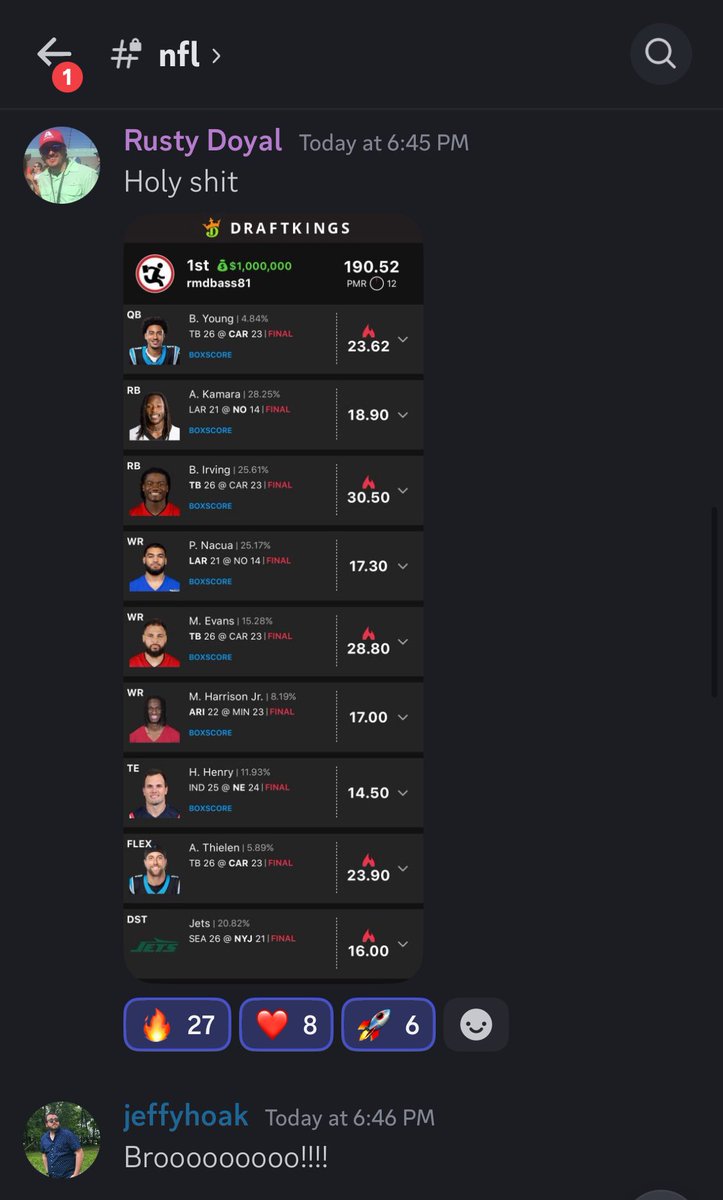 Bryce Young may have lost on the field, but he won in our hearts!! <a href="/RustyDoyal81/">Rusty Doyal</a> is one of the nicest people you’ll ever meet and an elite DFS player. Couldn’t happen to a better guy and we are pumped up in the RGP Discord!!