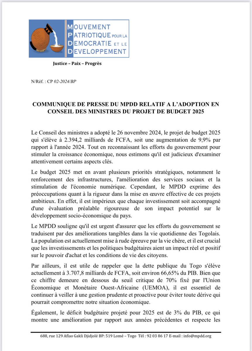 bricekodjo's tweet photo. Communiqué de presse du #MPDD relatif à l’adoption en conseil des ministres du projet de budget 2025.

#Togo 🇹🇬 
#Denyigban
#Budget2025 https://t.co/fnwI1KRj1i