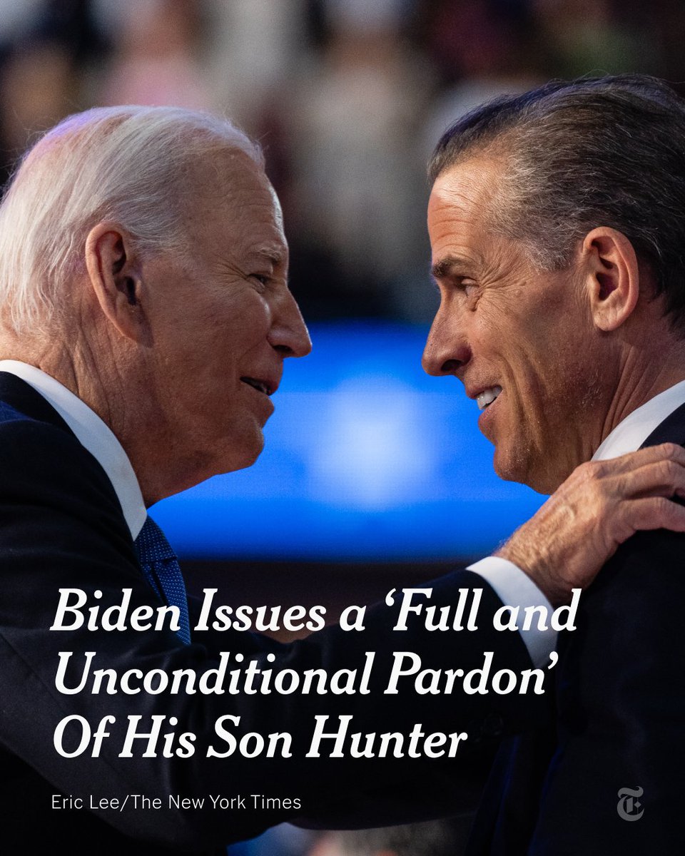 nytimes's tweet photo. Breaking News: President Biden pardoned his son Hunter, saying his prosecution was political and designed to hurt him politically. https://t.co/C8D40LCAiQ https://t.co/Wlnnz0xKsF