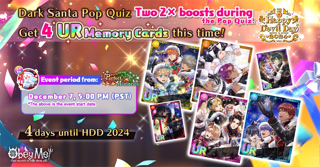 ObeyMeOriginal's tweet image. ＼4 days until HDD 2024／
We&apos;re happy to introduce a new Pop Quiz event, &quot;Presenting Perfect Memories&quot; 🔥🔥 Furthermore, there will be 2 boost periods during this event. Complete Luke&apos;s missions to snag 4 UR Memory Cards! ✨

#HDD2024 #Obeyme #obeymemasters #obeymejp #SWD #otome