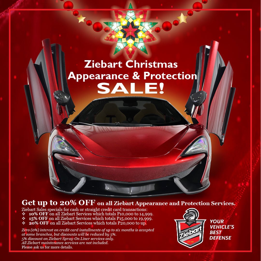 Ziebart_Phils's tweet photo. Enjoy up to 20% OFF your purchase of ANY ZIEBART SERVICE* during our limited-time Christmas sale, available NOW at all Ziebart branches!

Learn more about our services at: https://t.co/zBNjqSnoe9

*Certain conditions apply. Please see the attached flyer for details. https://t.co/GpPxmrMJlr