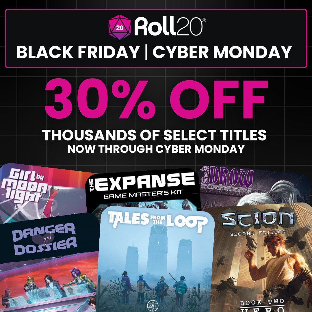 🎉 DEALS as low as $3.49 🎉

GMs, get everything you need to run awesome games all 2025. Maps, animations, adventures &amp; games are on sale on Roll20.

Save up to 30% on Call of Cthulhu, Fallout: The Roleplaying Game, Cyberpunk, and more!

Shop now: hubs.li/Q02ZSHRz0