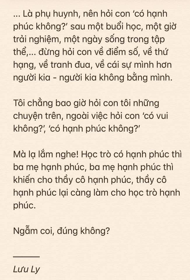 luuly1979's tweet photo. Cái nhìn (2)
... Là phụ huynh, nên hỏi con ‘có hạnh phúc không?’ sau một buổi học, một giờ trải nghiệm, một ngày sống trong tập thể,... 
…
#LuuLy https://t.co/Nwaz9f5yZq