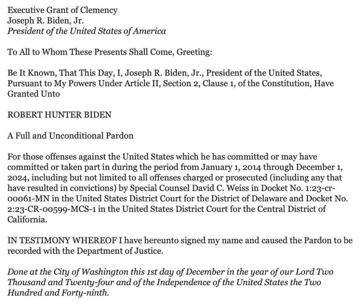 GuntherEagleman's tweet photo. Wow

Biden just gave it away.

He pardoned Hunter for EVERY crime committed since Jan. 1, 2014. https://t.co/DV8LkFLntS