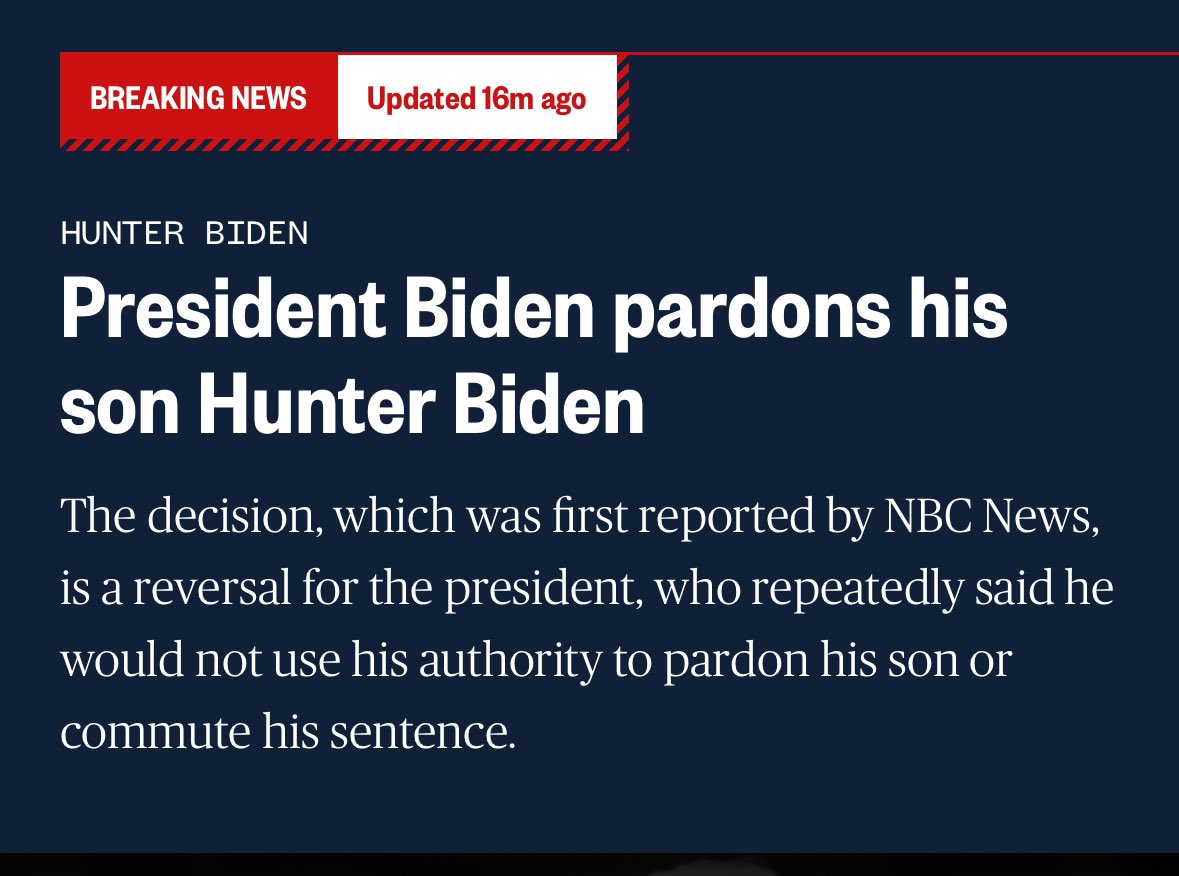 Hunter Biden pardoned. Okay, President Biden:

There are now 40 men on federal death row. You promised to end the death penalty but haven’t even issued a single clemency.

60 members of Congress are calling for it. When are their clemencies coming?