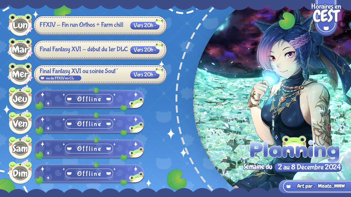 MissAtsushii_'s tweet photo. 🗓️ Planning de la semaine !
Du #FinalFantasyXIV en douceur avec les copains
Du #FinalFantasyXVI enfin au DLC #EchoesoftheFallen
De la soirée Sout' ou pas en fonction des dispos !
#vtuber ✧ #vtubers ✧ #vtuberfr ✧ #VtuberDebut https://t.co/4z6rapQXyF