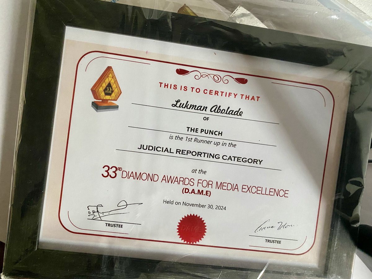 AboladeLAA's tweet photo. Over the weekend, my story for @MobilePunch was awarded the first runner-up for the Judicial reporting category at the 33rd DAME Awards. https://t.co/JAKbR0py4h