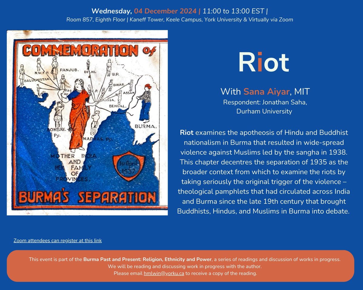 Sana Aiyar joins <a href="/asia_york/">YCAR</a> and respondent Jonathan Saha (<a href="/Jonathan_Saha/">Jonathan Saha</a>) for their event, "Riot", examining the apotheosis of Hindu and Buddhist nationalism in Burma

Dec 4 @ 11 AM EST 
tinyurl.com/9ndz3xse

#SoutheastAsia #Burma #Myanmar #Buddhism #Hindu #History