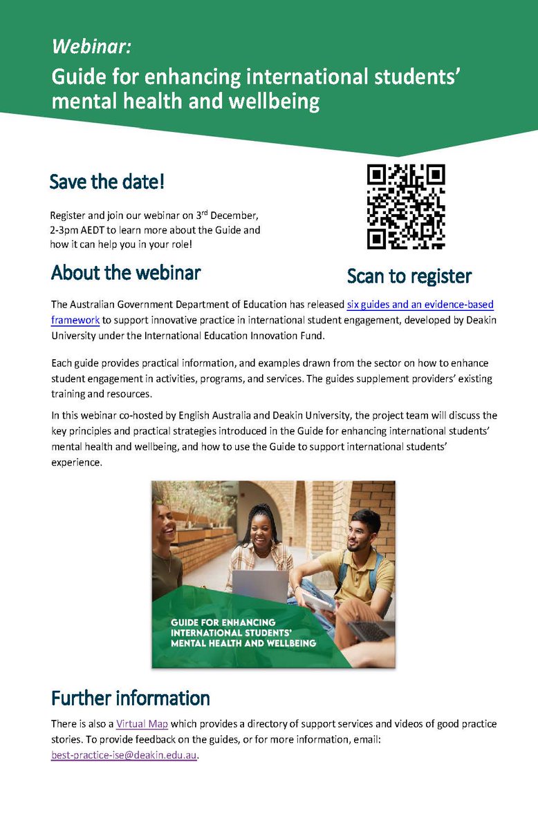 Stoked to learn about over 1,500 registrations to our webinars to introduce the Guides to support #internationalstudents.
Next webinar tomorrow hosted by @English_Aus: Enhancing international students’ #mentalhealth, 2-3 pm (AEDT). Registration: englishaustralia.com.au/events/event/g…
#intled