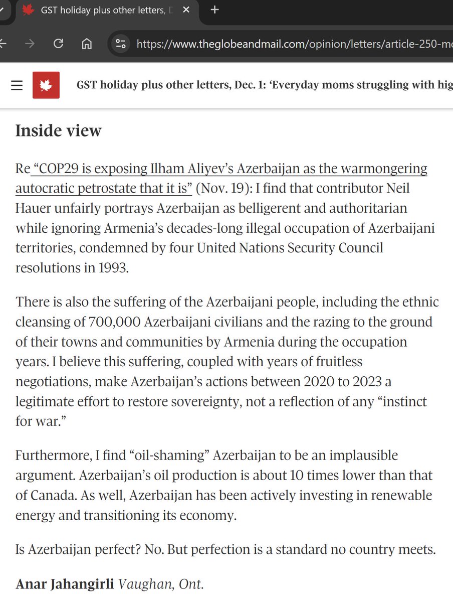 Anar Jahangirli (@anarjahangirli) on Twitter photo A few days ago, <a href="/globeandmail/">The Globe and Mail</a> published an opinion piece by <a href="/NeilPHauer/">Neil Hauer</a>, a Canadian living in Armenia who harbours a clear hatred for Azerbaijan and Azerbaijanis.
Today, the Globe published my brief response addressing his slanderous claims.
<a href="/WalmsleyGlobe/">David Walmsley</a> A few days ago, <a href="/globeandmail/">The Globe and Mail</a> published an opinion piece by <a href="/NeilPHauer/">Neil Hauer</a>, a Canadian living in Armenia who harbours a clear hatred for Azerbaijan and Azerbaijanis.
Today, the Globe published my brief response addressing his slanderous claims.
<a href="/WalmsleyGlobe/">David Walmsley</a>