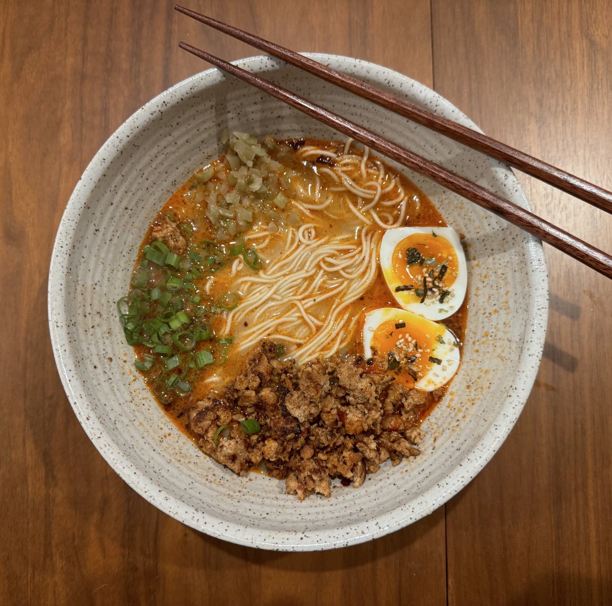 futurevictim_'s tweet image. tonight’s dinner tan tan ramen aka tantanmen. shout out to me for double batching tori paitan broth a month ago and freezing half of it. really makes sunday dinner a snap
