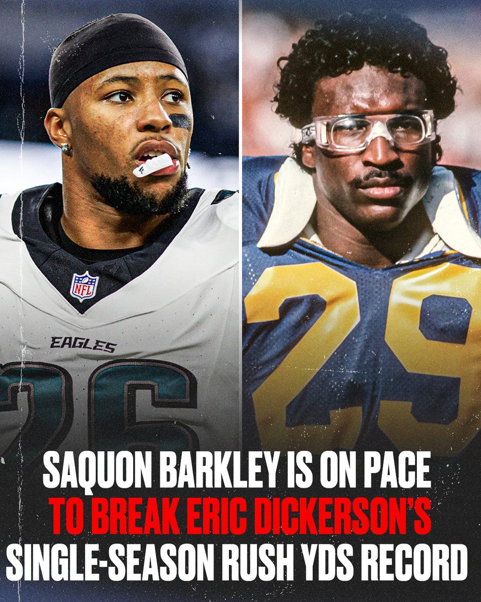 THE CHASE IS ON 👀🔥 

Barkley is currently on pace for 2,123 rush yards which would surpass Dickerson's record of 2,105 rush yards set in 1984 😳